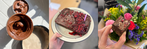 oac no-bake chocolate cake, sliced, with a smooth mousse top and crumbly base