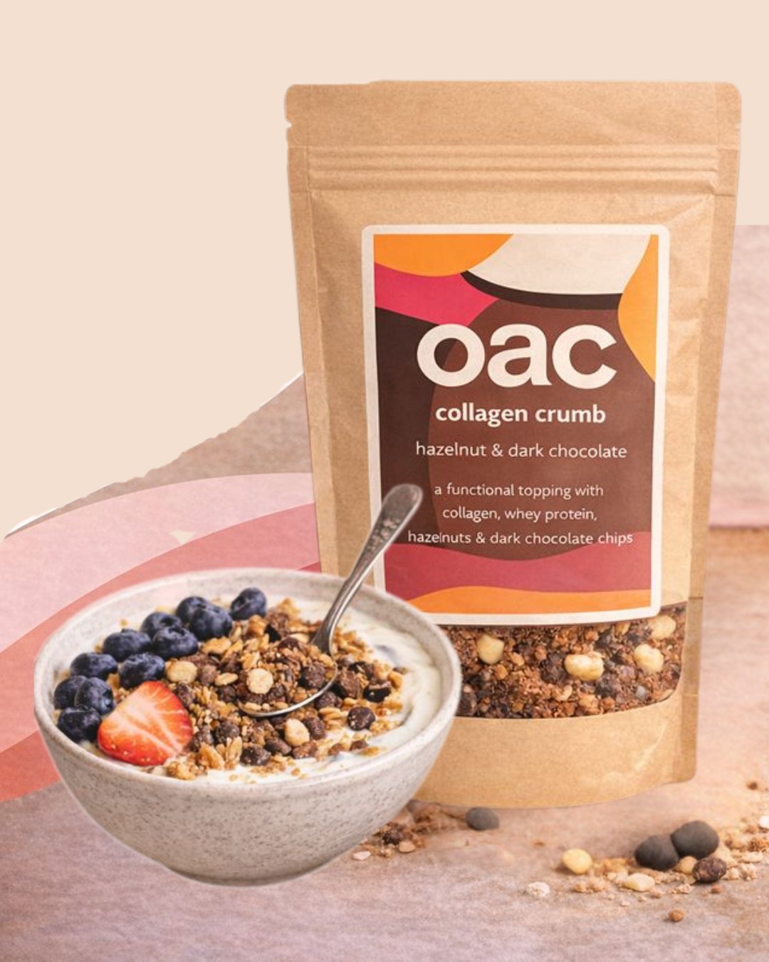 oac Collagen Crumb in new hazelnut and dark chocolate packaging