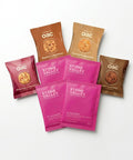 the stone valley box: four oac protein balls (maple & toasted pecan, crunchy peanut, white choc & raspberry, dark cocoa nib) with four stone valley roasters pour-over coffee sachets