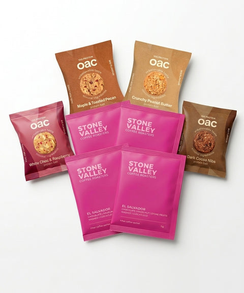 the stone valley box: four oac protein balls (maple & toasted pecan, crunchy peanut, white choc & raspberry, dark cocoa nib) with four stone valley roasters pour-over coffee sachets